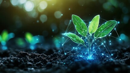 sprout, growth, technology, nature, green leaves, soil, digital, innovation, botany, sustainability, futuristic, light, nature concept, environmental care, data, plants, ecology, scientific developme