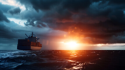Naklejka premium Navigating supply chain disruption maritime shipping challenges at sunset