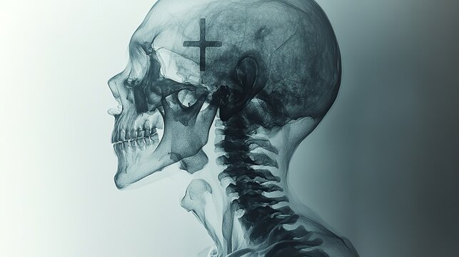 spiritual core x ray of a human skeleton in profile with a minimalist cross in the torso digital picture
