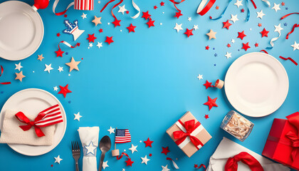 Obraz premium Experience the magic of Independence Day. Table adorned with plates, silverware, cup, napkin, stars, confetti, national flag items, gift boxes. Blue background with circle for text or advertisement 