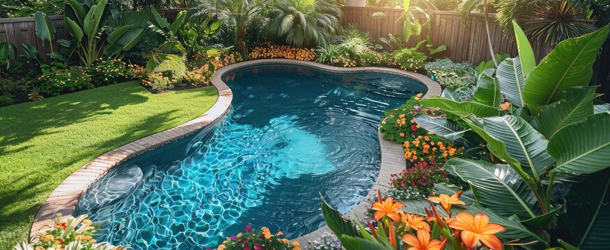 Serene aerial view of lush home garden with pool and vibrant flowers in summer, concept of resort, vacation.