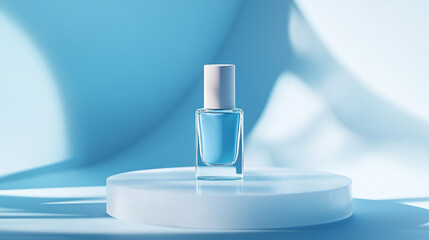 Elegant Blue Nail Polish Bottle Showcased on a Clean Display Against a Bright Blue Background Emphasizing Its Sophisticated Design and Appealing Color