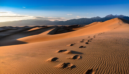 Exploring the serene beauty of Great Sand Dunes National Park through delicate animal tracks in rippled golden sands at sunset