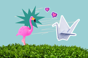 Composite sketch image design trend artwork collage of nature outdoors bird toy flamingo paper origami like banner social media meeting