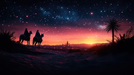 Fototapeta premium the arrival of the three wise men bearing gifts for the infant jesus digital illustration