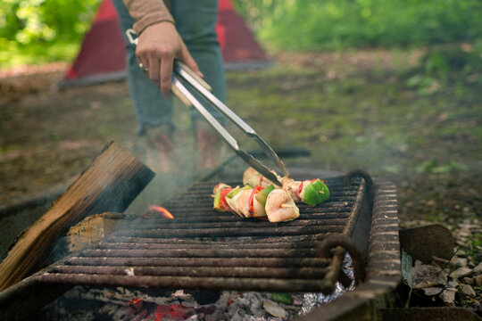 Grilling Chicken Skewers Over Open Campfire