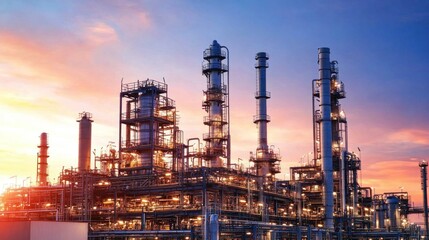 Fototapeta premium Majestic Industrial Sunset: A Refinery at Dusk