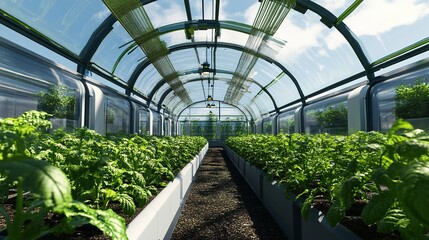 A smart greenhouse equipped with digital controls for temperature, humidity, and lighting, enhancing crop yields.