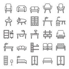 30 Minimalist Outline Icons of Modern Furniture: Chairs, Sofas, Coffee Tables, Desks & More - Scalable and Versatile Design Assets