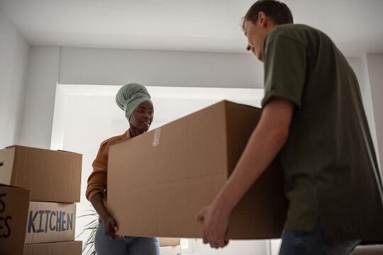 Modern multiracial couple relocating together