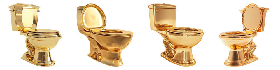 Golden toilet isolated on transparent background, Set of