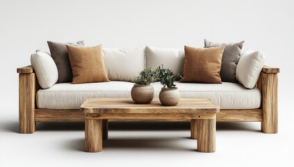 Fototapeta premium Modern wooden sofa with cushions and coffee table, minimalist interior design.