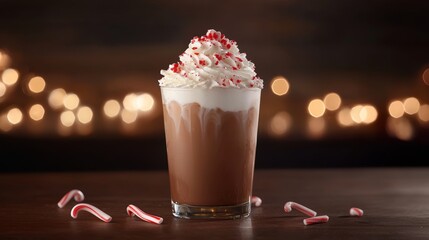 A glass of peppermint mocha topped with whipped cream, with crushed candy canes sprinkled on top under warm holiday lighting.