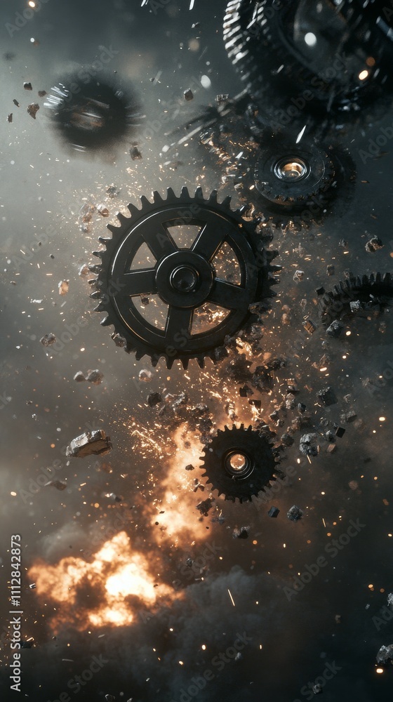 Poster mechanical gears floating through an explosion of sparks and dust in a dramatic setting