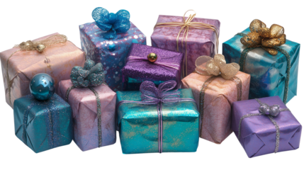 purple turquoise and pink collection of christmas presents transparent png non traditional