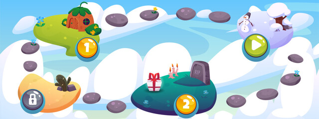 Obraz premium Vector Illustration of a level map with islands floating in the clouds and a stone road.