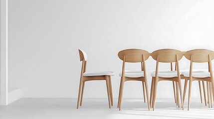 A row of wooden chairs are lined up against a white wall