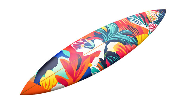 tropical surfboard with bright and playful patterns, leaning against a seamless white background
