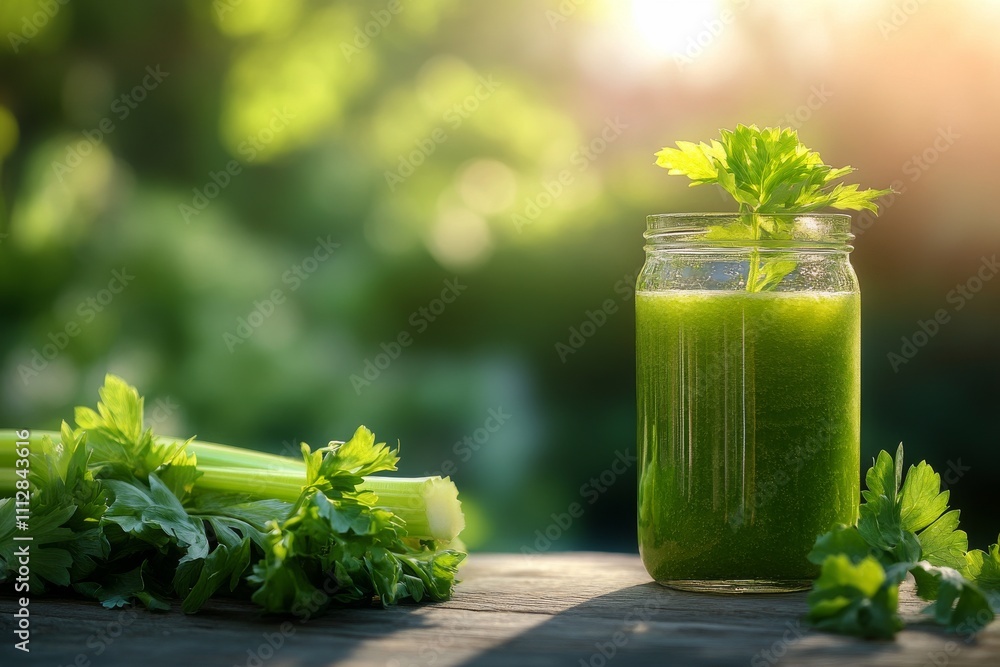 Poster refreshing green drink in a jar with celery on a wooden table during daytime