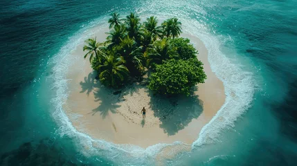 Selbstklebende Fototapeten Solitary island escape: lone figure on tropical paradise surrounded by azure waters © karina_lo