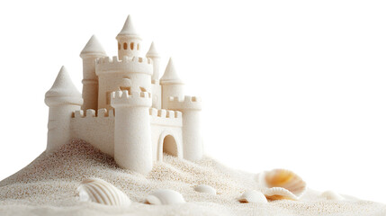 realistic sandcastle figurine with tiny seashells, placed on a seamless white background