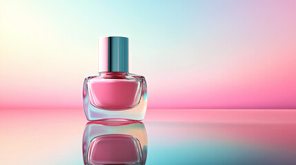 Bright Pink Nail Polish Bottle Reflects Vibrant Pastel Background in Artistic Display