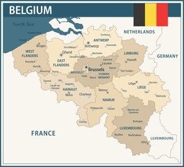 Naklejka premium Belgium Map Vector Vintage Dark Blue Beige - Customizable layered political map of Belgium with administrative divisions for website, education, reports, news, politics, print, poster and wallpaper