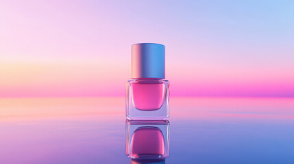 Vibrant Pink Nail Polish Bottle Against a Colorful Sunset Background Reflecting on a Smooth Surface