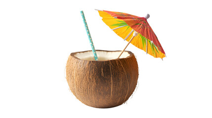 tropical cocktail in a coconut shell with an umbrella and straw, placed on a plain white background
