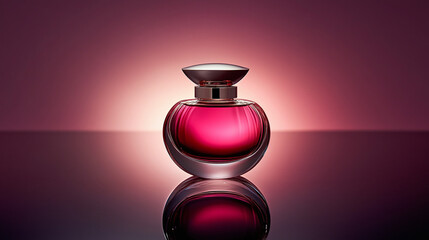 Elegant Perfume Bottle With Deep Red Liquid on Sleek Surface Under Soft Purple Lighting