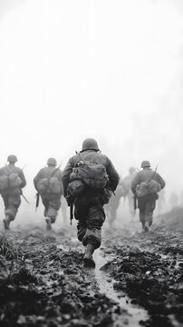 Vintage black and white photo of U.S. troops during World War II, showcasing soldiers in action, military uniforms, and historic battlefield moments from the 1940s