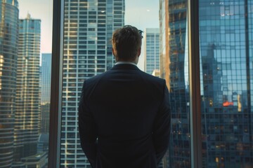 Successful businessman dreaming of future business opportunities in city.