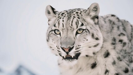 Obraz premium Majestic Snow Leopard (Panthera uncia) resting on a snow-covered rocky ledge in the Himalayas. Captures natural habitat, endangered beauty, and winter serenity.
