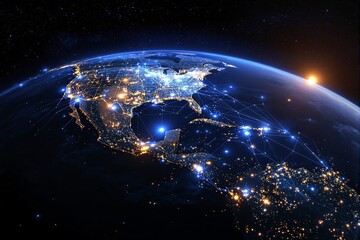 Obraz premium Futuristic Global Network Visualization Over North America and Central America at Night
