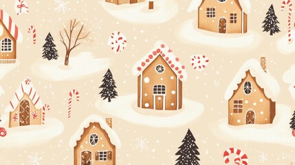 Fototapeta premium Christmas-themed miniature gingerbread houses winter wonderland seamless pattern cozy atmosphere gigapixel high fidelity