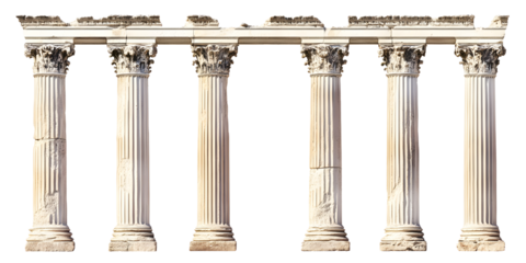 Six isolated and realistic antique white columns icon set on transparent surface illustration.