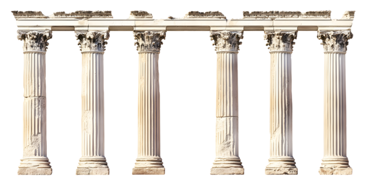 Six isolated and realistic antique white columns icon set on transparent surface illustration.
