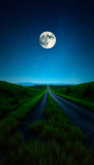 Fototapeta premium Beautiful magic night sky with fullmoon and stars road receding into the distance green grass isolated with white highlights, png