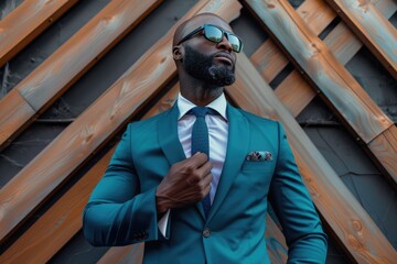Stylish African man in blue suit buttoning up.