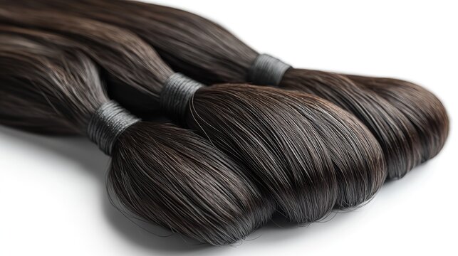 three bundles of black brazilian hair in an isolated a