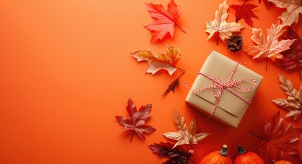 Fall Birthday. Autumn Season Decor with Top View of Handmade Paper Gift Box Adorned with Fall Leaves