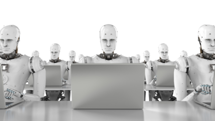 Humanoid robots in 3D rendering operating on a laptop, transparent background