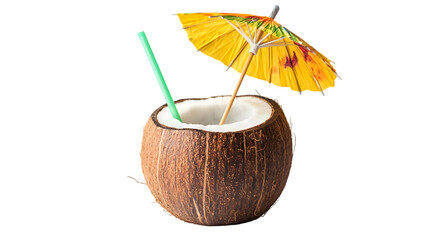 tropical cocktail in a coconut shell with an umbrella and straw, placed on a plain white background