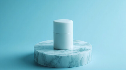 White Container on Marble Pedestal Against a Light Blue Background Creating a Modern Aesthetic