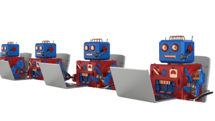 A group of robots are using a laptop computer to render 3D images. Transparent background