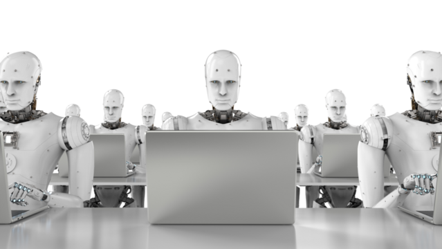 Humanoid robots in 3D rendering operating on a laptop, transparent background