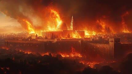 Naklejka premium tisha brav the destruction of the temple of jerusalem engulfed in flames digital painting