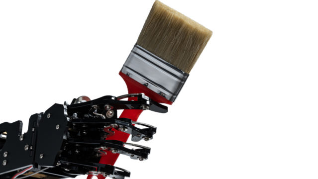 Concepts of artificial intelligence development or AI job replacement: a real robotic hand holding a paintbrush. transparent background - Powered by Adobe