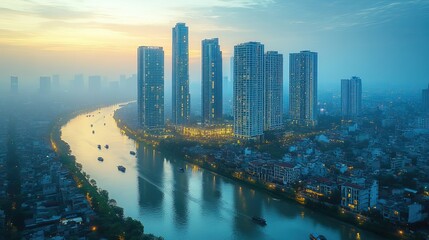 Naklejka premium top view aerial photograph taken with a drone of bitexco a developed metropolis featuring business centers and office skyscrapers tall buildings in the city of ho chi min