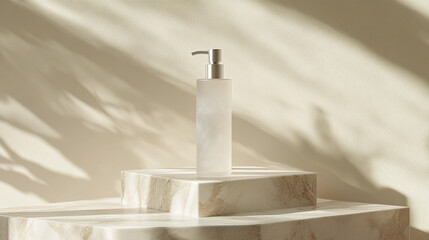 Elegant Frosted Glass Dispenser Placed on a Marble Pedestal Illuminated by Soft Natural Light Creating an Ambient Atmosphere